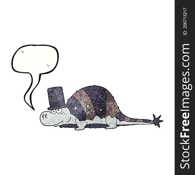 freehand speech bubble textured cartoon dinosaur in top hat