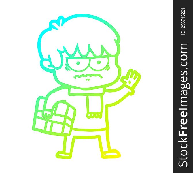 cold gradient line drawing of a annoyed cartoon boy