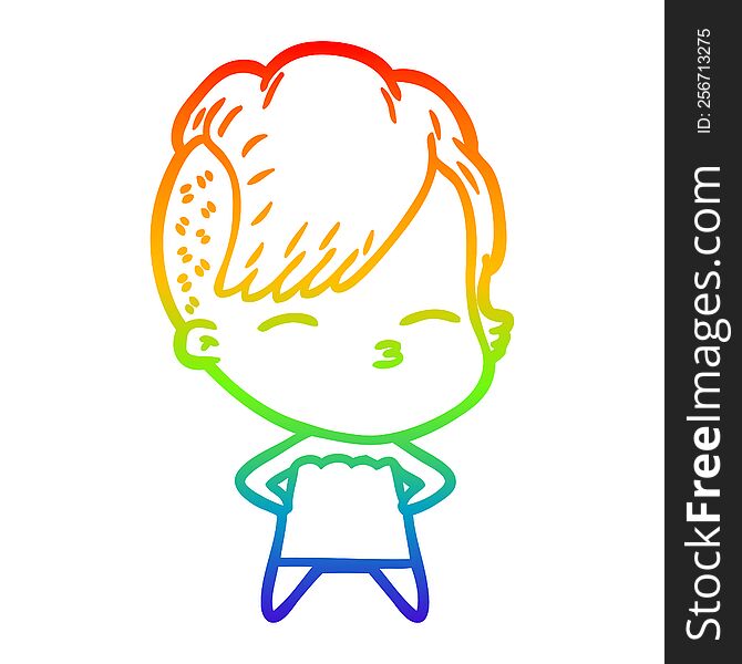 rainbow gradient line drawing of a cartoon squinting girl in dress