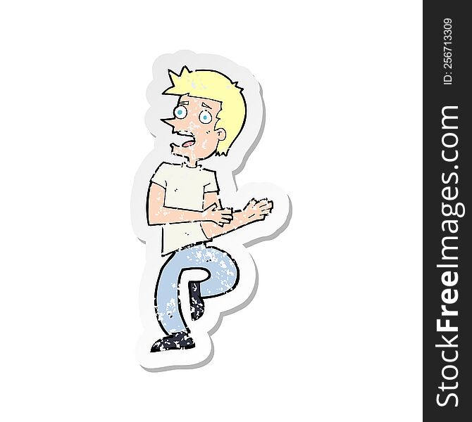 retro distressed sticker of a cartoon stressed out man