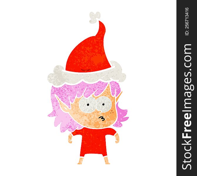 Retro Cartoon Of A Elf Girl Staring Wearing Santa Hat