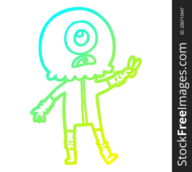 cold gradient line drawing of a cartoon cyclops alien spaceman giving peace sign