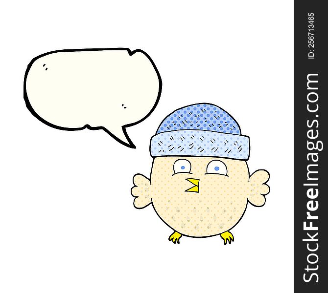 freehand drawn comic book speech bubble cartoon owl wearing hat