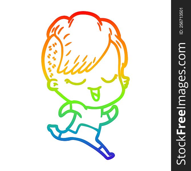 rainbow gradient line drawing of a happy cartoon girl in futuristic clothes