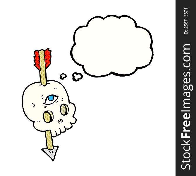 freehand drawn thought bubble cartoon magic skull with arrow through brain