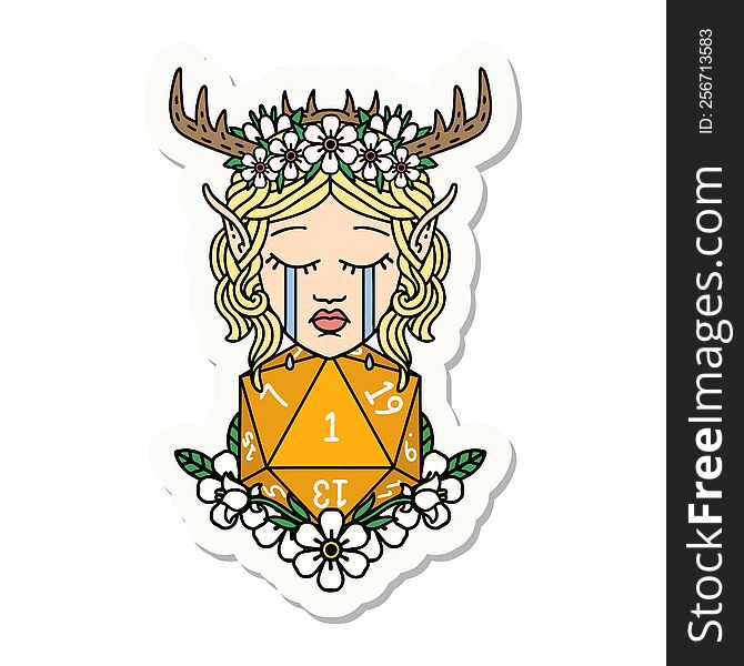 Crying Elf Druid Character Face With Natural One D20 Roll Sticker