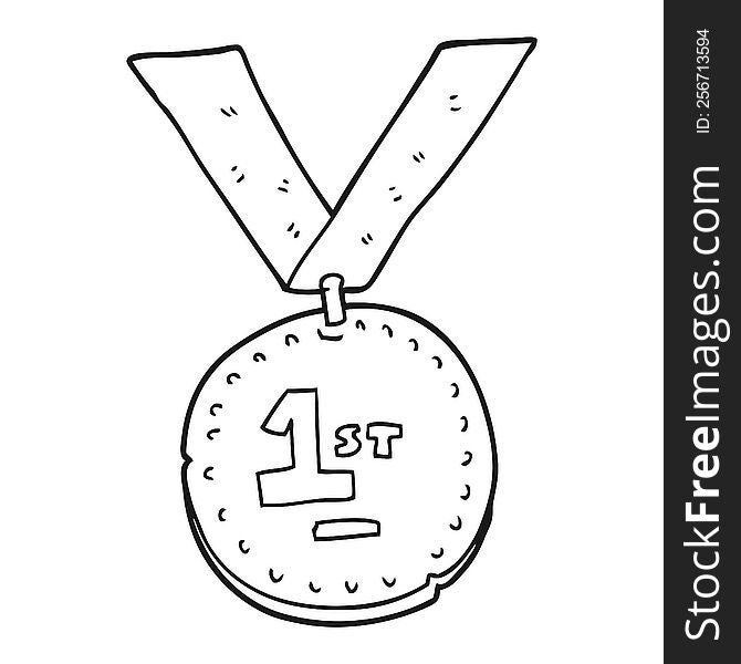 freehand drawn black and white cartoon first place medal