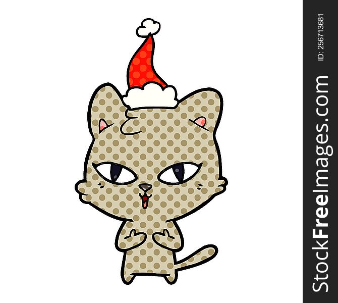 hand drawn comic book style illustration of a cat wearing santa hat