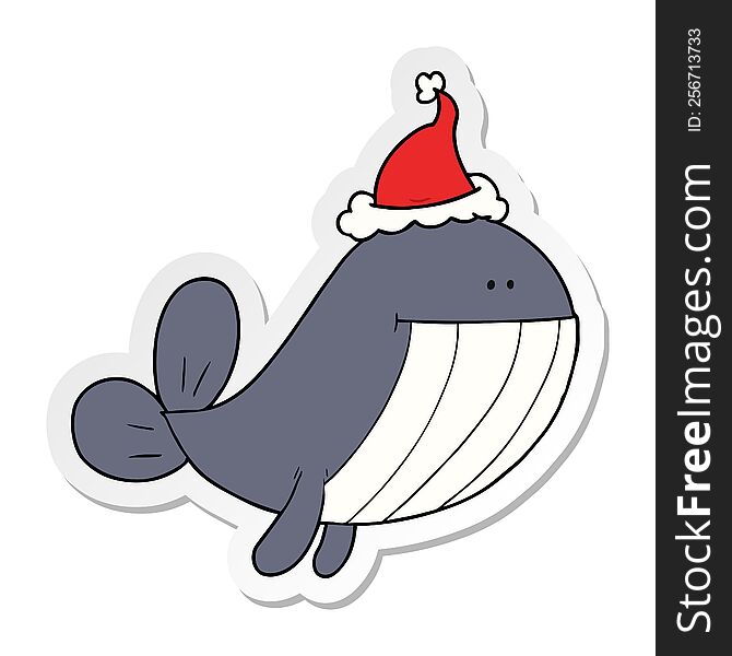 Sticker Cartoon Of A Whale Wearing Santa Hat
