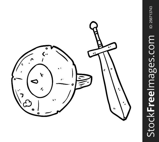 line drawing of a old gladiator shield and sword. line drawing of a old gladiator shield and sword