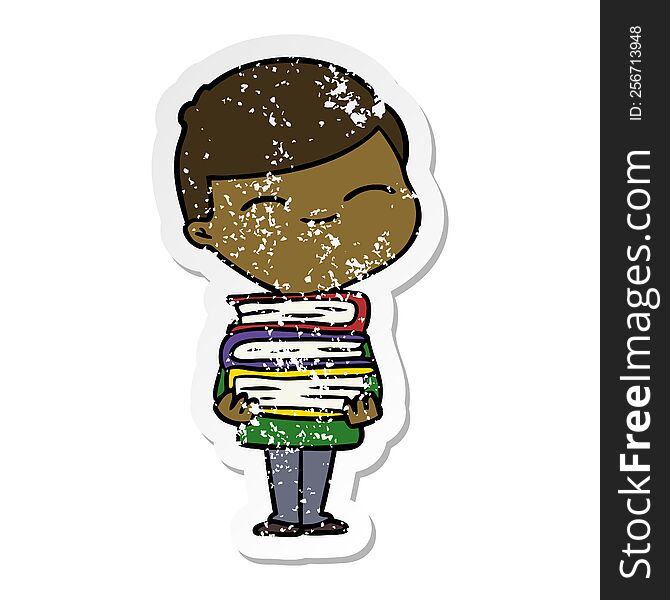 distressed sticker of a cartoon smiling boy with stack of books