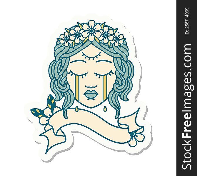 tattoo style sticker with banner of female face with third eye and crown of flowers cyring. tattoo style sticker with banner of female face with third eye and crown of flowers cyring