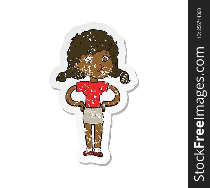 retro distressed sticker of a cartoon pretty girl with hands on hips