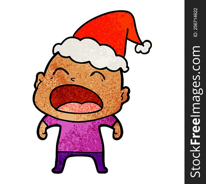 Textured Cartoon Of A Shouting Bald Man Wearing Santa Hat
