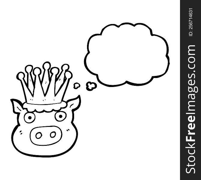 freehand drawn thought bubble cartoon crowned pig