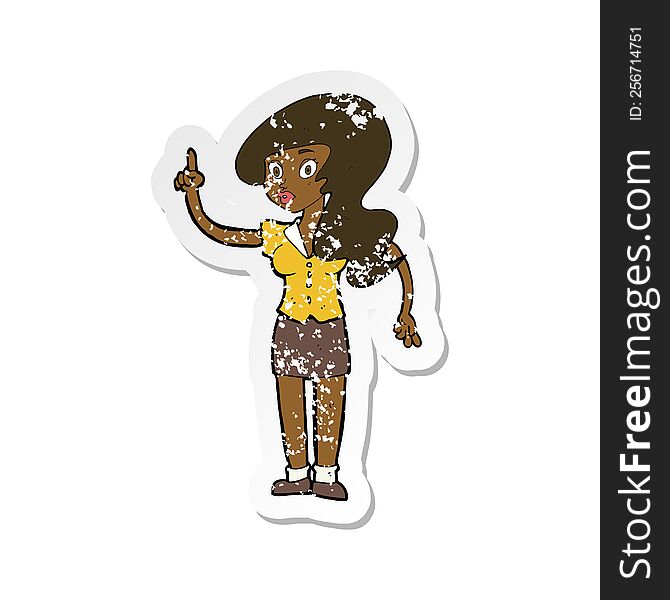 Retro Distressed Sticker Of A Cartoon Pretty Woman With Idea