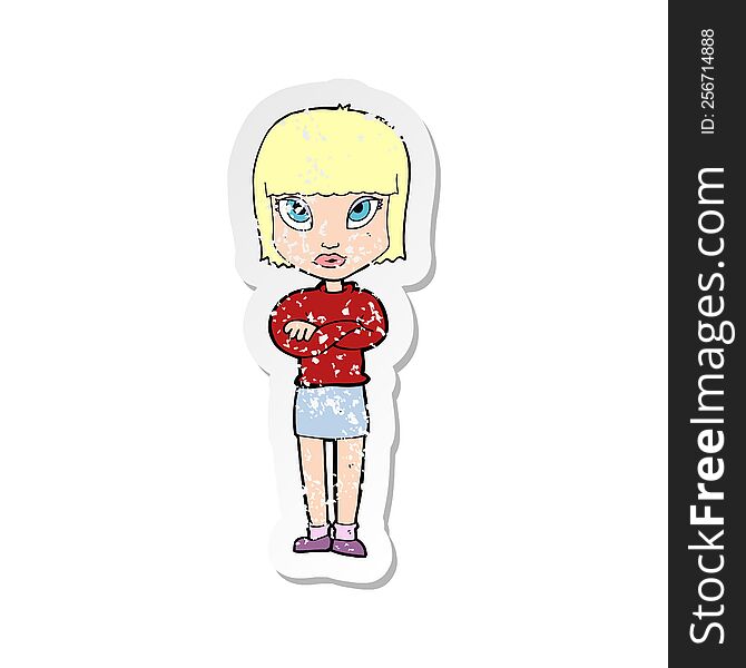 retro distressed sticker of a cartoon woman with crossed arms