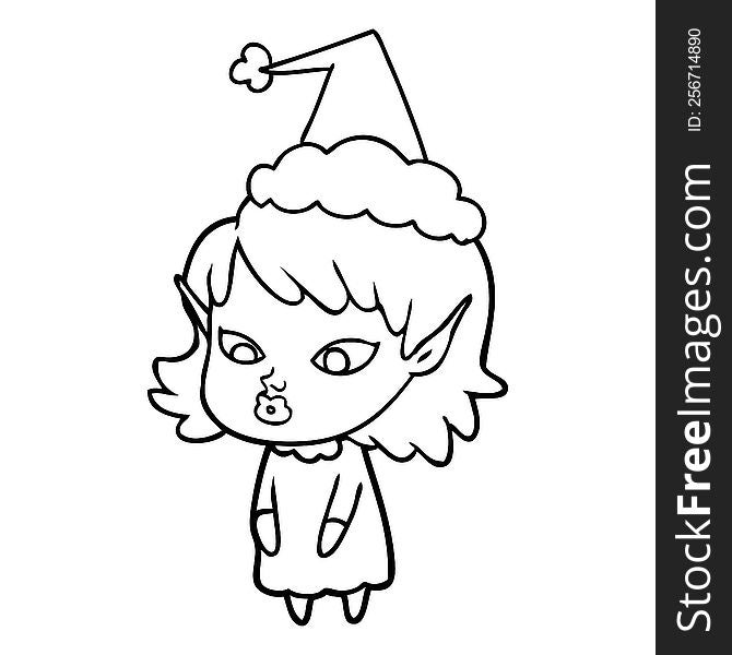 hand drawn line drawing of a elf girl with pointy ears wearing santa hat