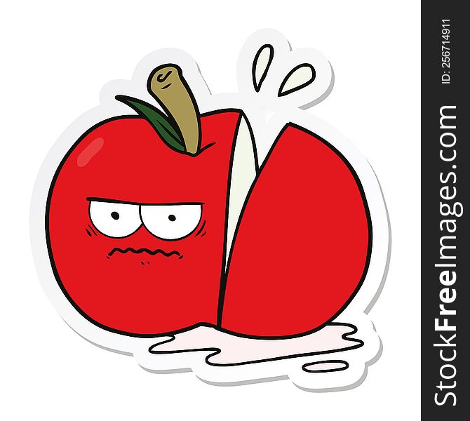 sticker of a cartoon angry sliced apple