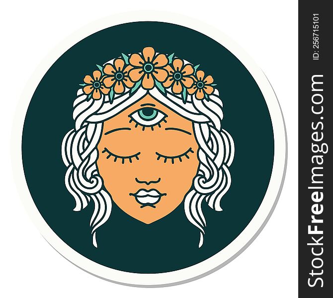sticker of tattoo in traditional style of female face with third eye and crown of flowers. sticker of tattoo in traditional style of female face with third eye and crown of flowers