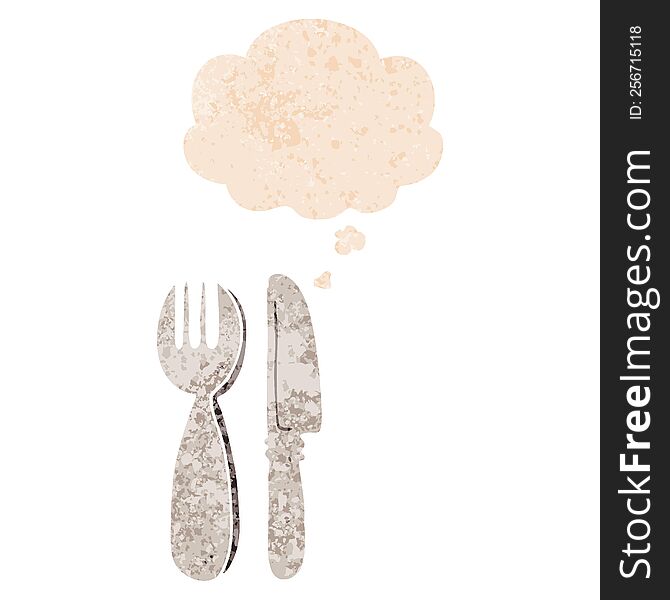 cartoon knife and fork and thought bubble in retro textured style