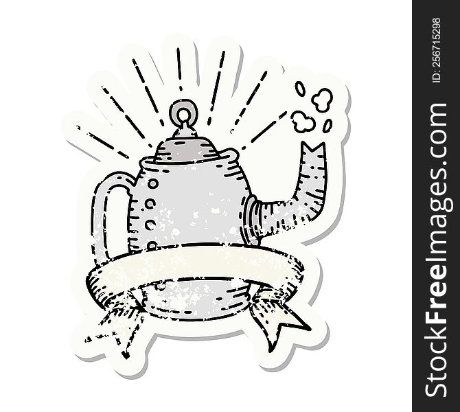 worn old sticker of a tattoo style old coffee pot steaming. worn old sticker of a tattoo style old coffee pot steaming