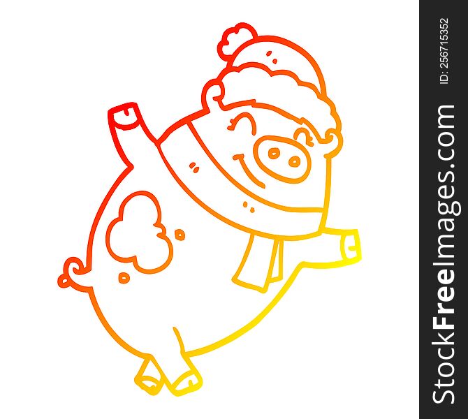 Warm Gradient Line Drawing Cartoon Pig Wearing Christmas Hat