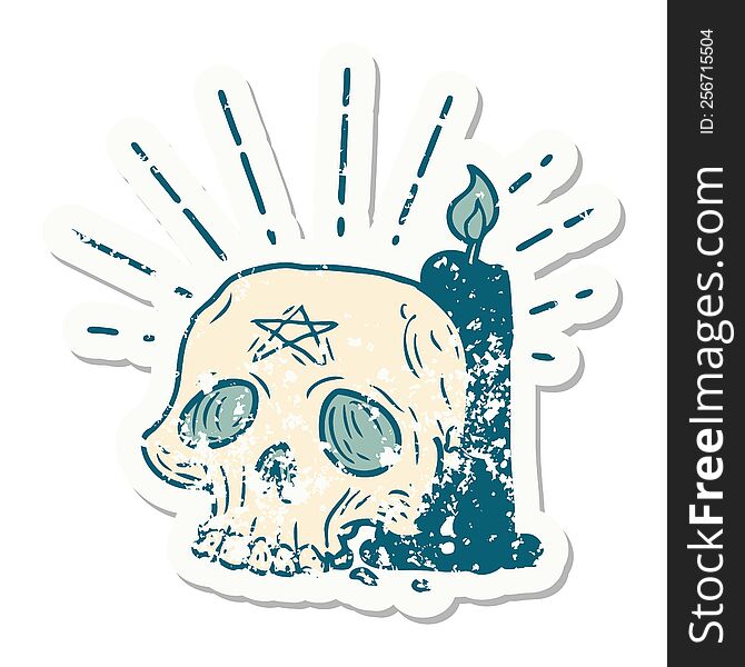 worn old sticker of a tattoo style spooky skull and candle. worn old sticker of a tattoo style spooky skull and candle