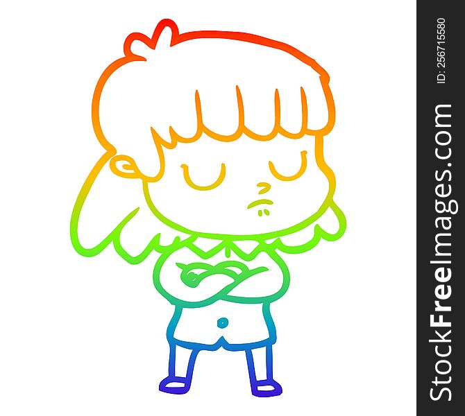 Rainbow Gradient Line Drawing Cartoon Indifferent Woman Folding Arms