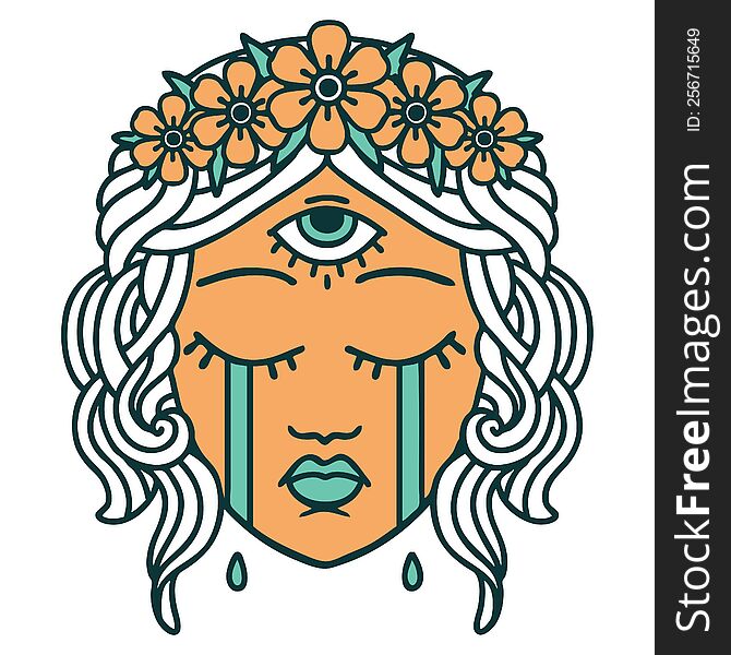 Tattoo Style Icon Of Female Face With Third Eye Crying