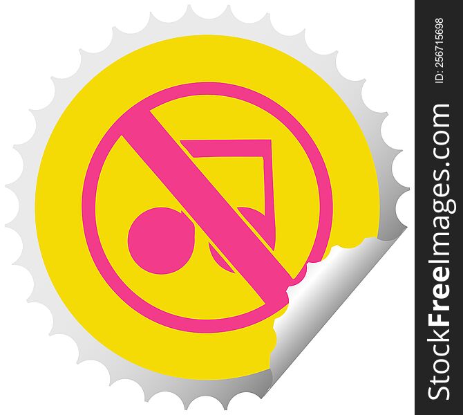 circular peeling sticker cartoon of a no music sign