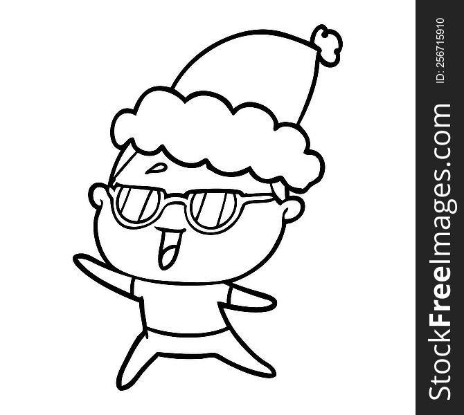 line drawing of a happy woman wearing spectacles wearing santa hat