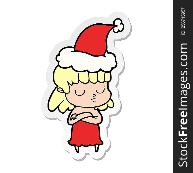 hand drawn sticker cartoon of a indifferent woman wearing santa hat