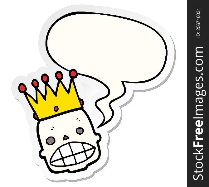 cartoon spooky skull face with crown with speech bubble sticker. cartoon spooky skull face with crown with speech bubble sticker