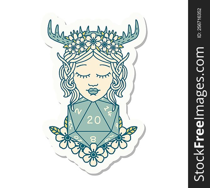 sticker of a elf druid character with nautral twenty dice roll. sticker of a elf druid character with nautral twenty dice roll