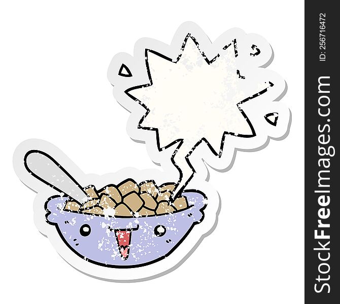 cute cartoon bowl of cereal with speech bubble distressed distressed old sticker. cute cartoon bowl of cereal with speech bubble distressed distressed old sticker