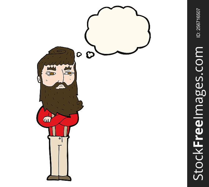 cartoon serious man with beard with thought bubble