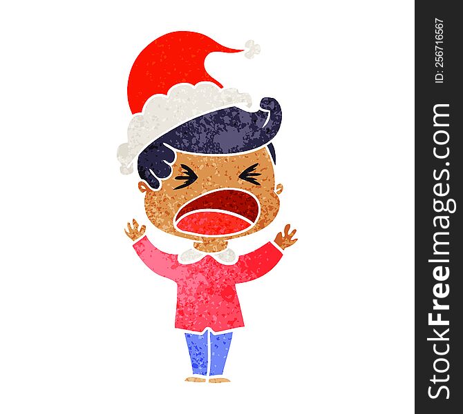 hand drawn retro cartoon of a shouting man wearing santa hat
