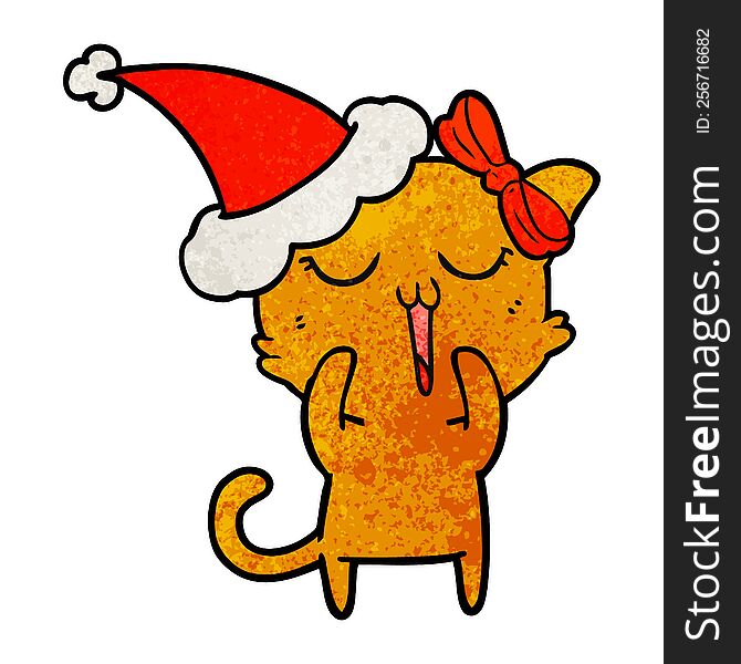 Textured Cartoon Of A Cat Wearing Santa Hat