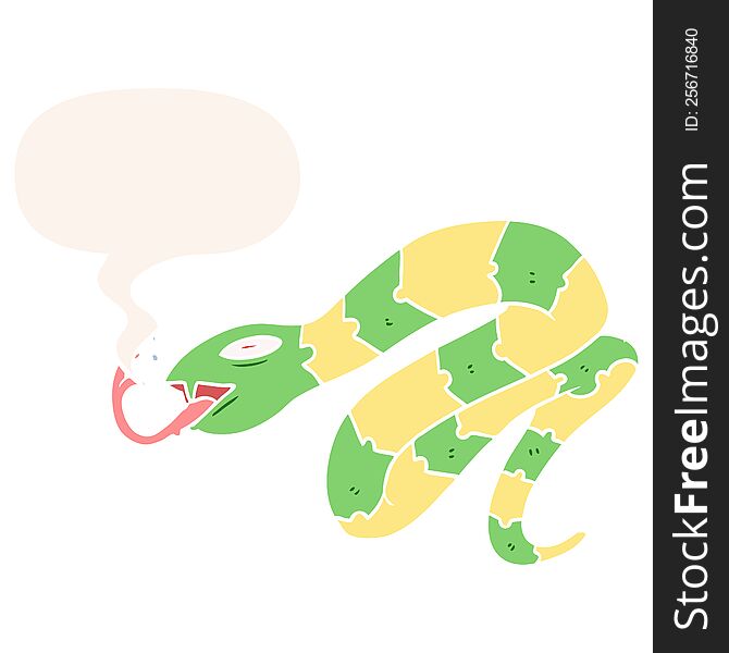 cartoon hissing snake with speech bubble in retro style