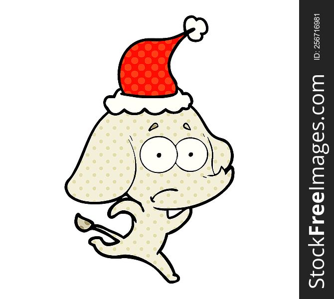 Comic Book Style Illustration Of A Unsure Elephant Running Away Wearing Santa Hat