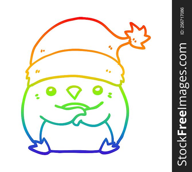 rainbow gradient line drawing of a cute cartoon penguin wearing christmas hat