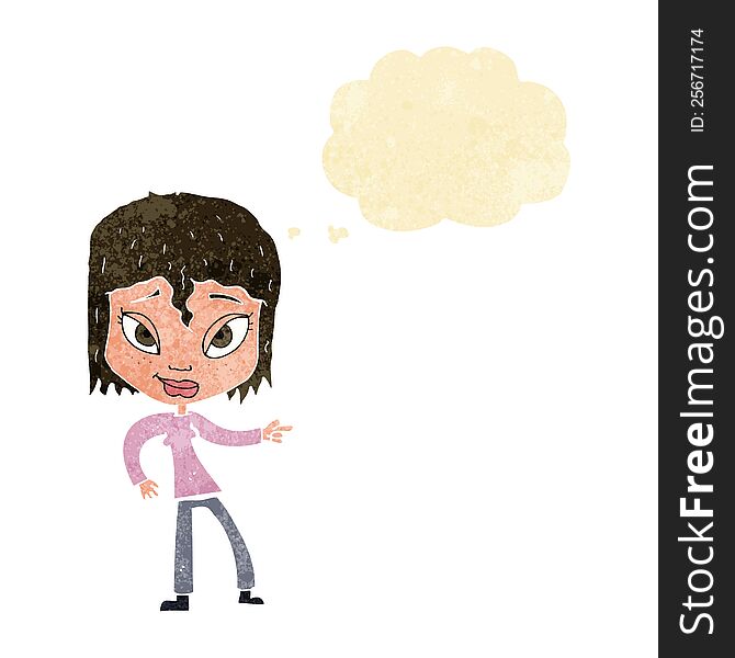 cartoon relaxed woman pointing with thought bubble