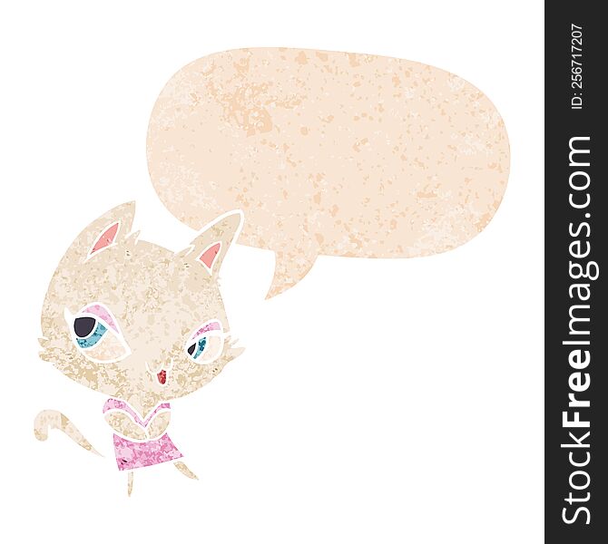 cartoon female cat with speech bubble in grunge distressed retro textured style. cartoon female cat with speech bubble in grunge distressed retro textured style