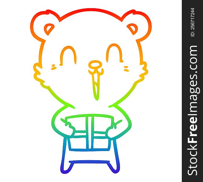 rainbow gradient line drawing of a happy cartoon bear with christmas gift