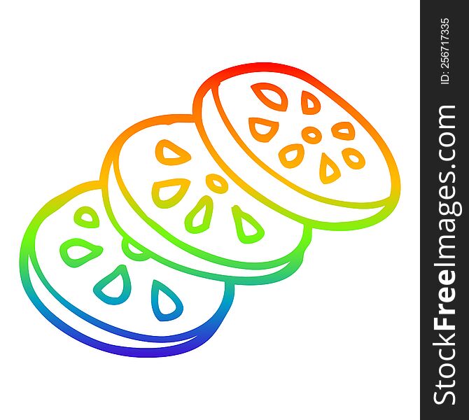 rainbow gradient line drawing of a cartoon sliced tomato