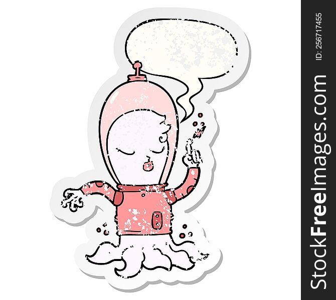 Cute Cartoon Alien And Speech Bubble Distressed Sticker