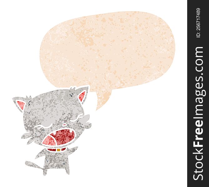 Cartoon Cat Talking And Speech Bubble In Retro Textured Style