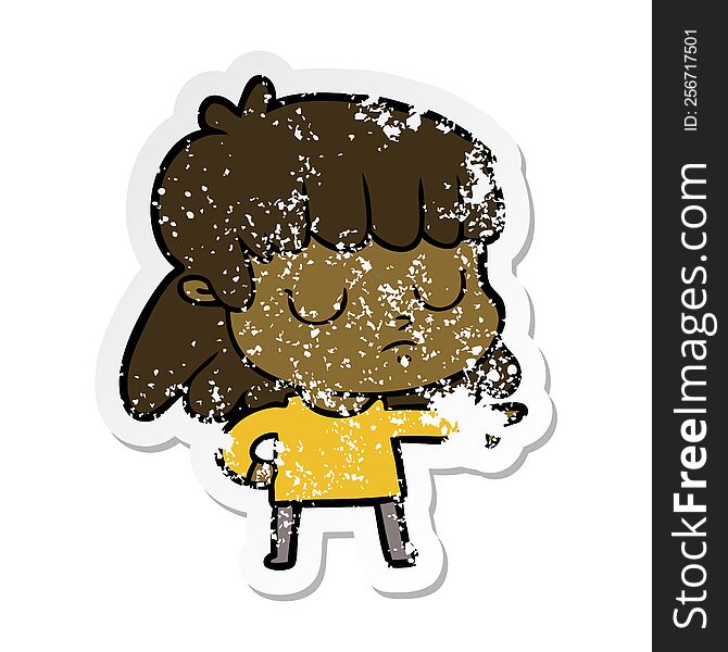 distressed sticker of a cartoon indifferent woman;pointing
