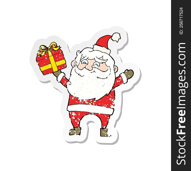 Retro Distressed Sticker Of A Cartoon Happy Santa Claus With Present